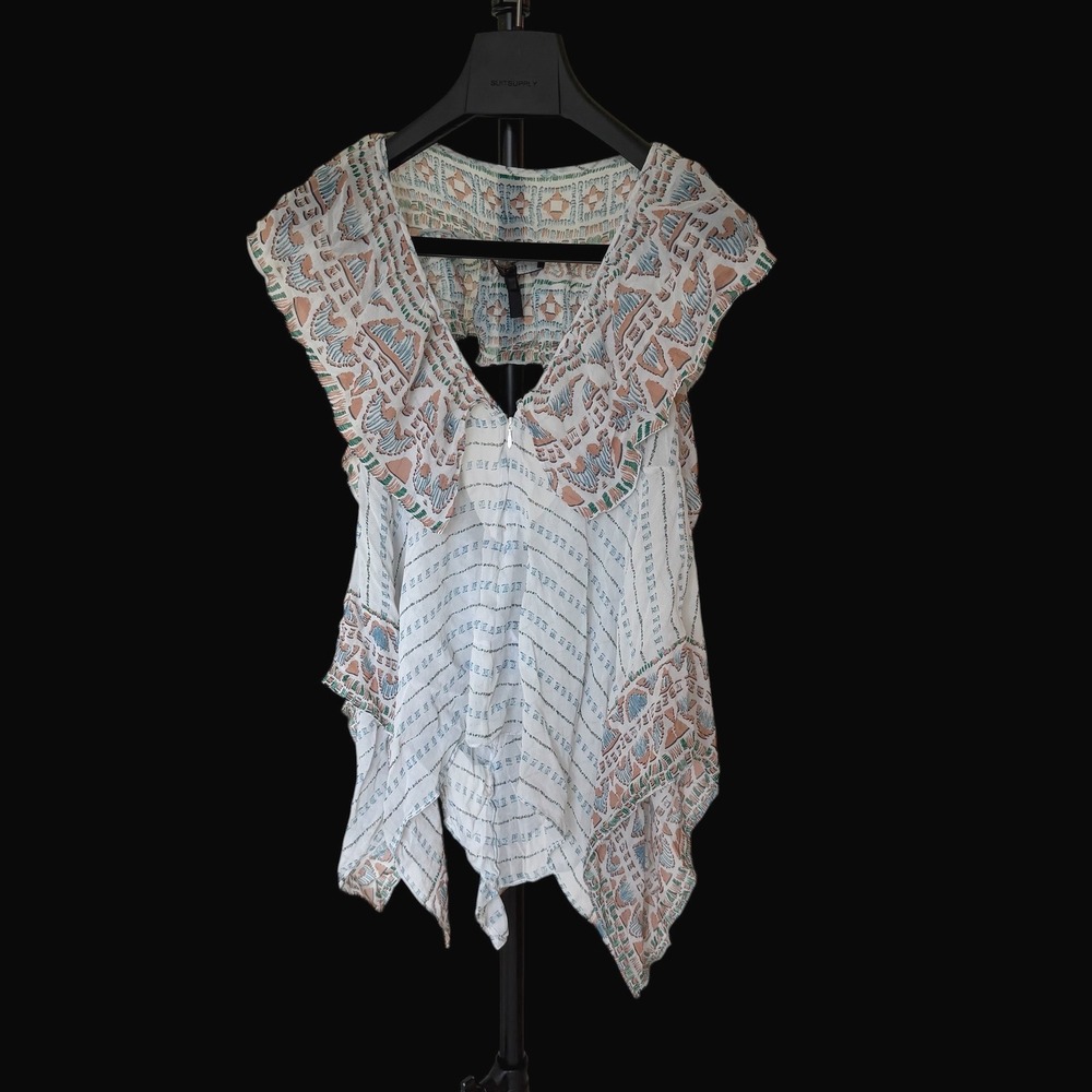 BCBGMAXAZRIA Calida Silk Handkerchief Hem Ruffle Top Geometric Print Large